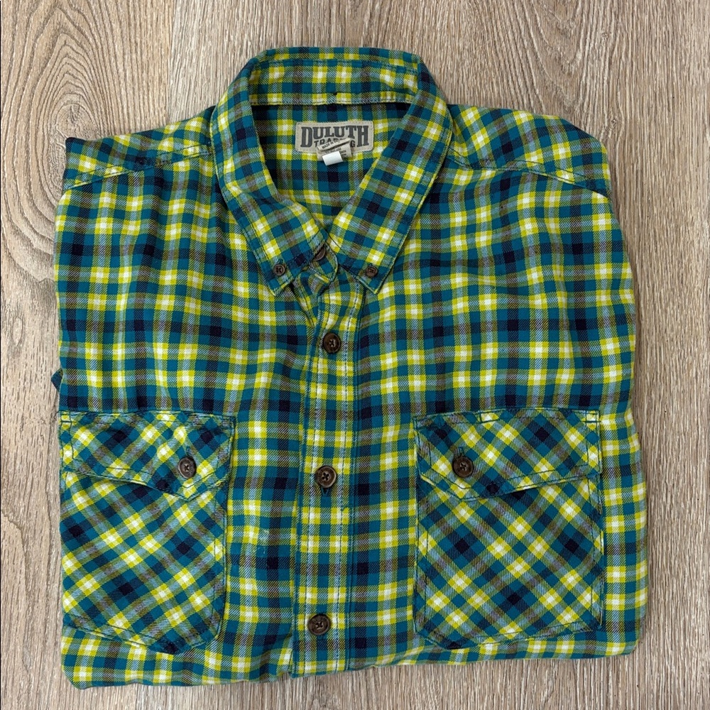 Duluth Trading Flannel Shirt Plaid Green Blue Yellow Men’s‎ XL